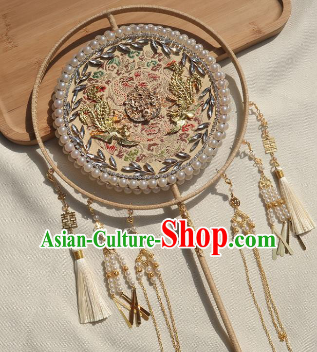 China Handmade Bride Embroidered Palace Fan Traditional Wedding Beige Circular Fan Classical Dance Pearls Fan