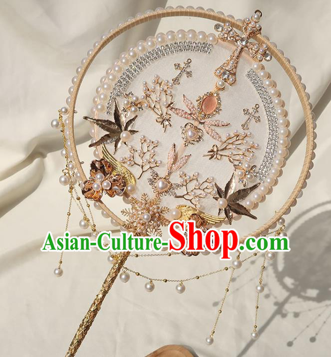 China Traditional Wedding Circular Fan Classical Dance Pearls Fan Handmade Bride White Silk Palace Fan
