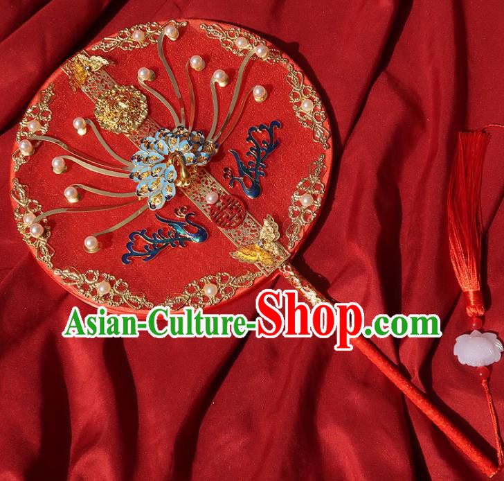 China Handmade Bride Palace Fan Classical Dance Cloisonne Peacock Fan Traditional Wedding Circular Fan