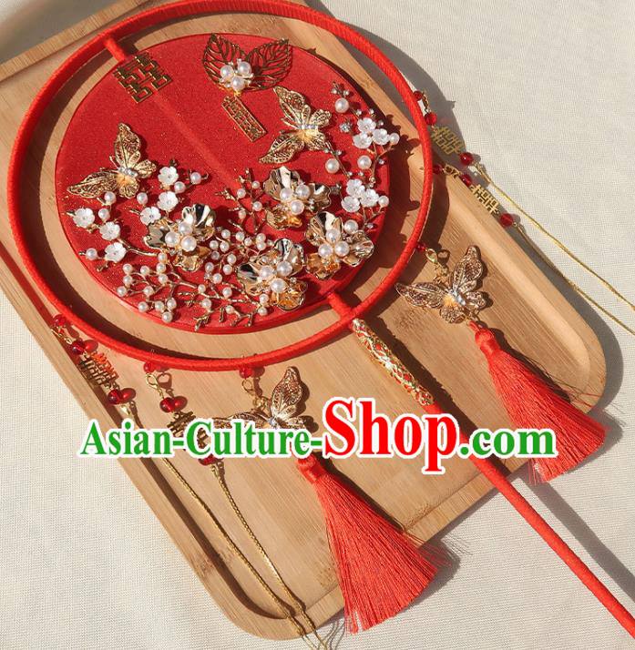 China Bride Silk Palace Fan Traditional Wedding Circular Fan Handmade Hanfu Golden Butterfly Fan