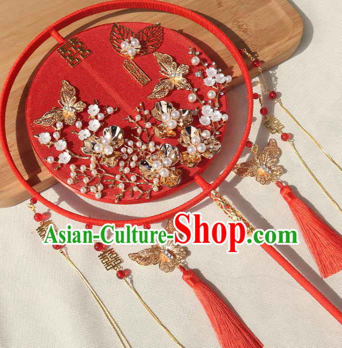 China Bride Silk Palace Fan Traditional Wedding Circular Fan Handmade Hanfu Golden Butterfly Fan