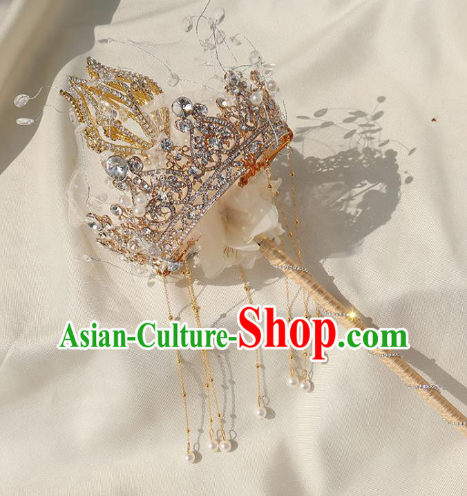 Handmade Queen Golden Royal Crown Sceptre Top Grade Wedding Crystal Bridal Bouquet Bride White Veil Cane