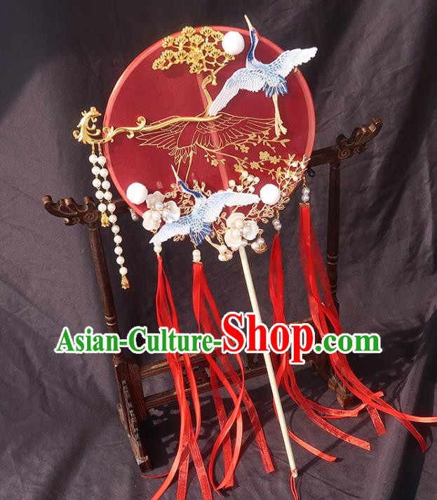 China Bride Red Ribbon Palace Fan Traditional Wedding Circular Fan Handmade Hanfu Bride Fan