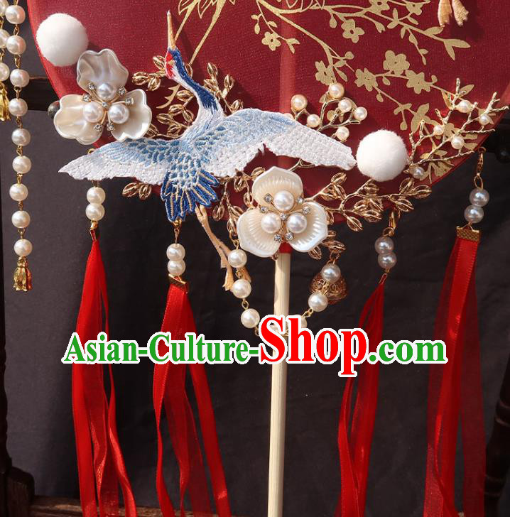 China Bride Red Ribbon Palace Fan Traditional Wedding Circular Fan Handmade Hanfu Bride Fan