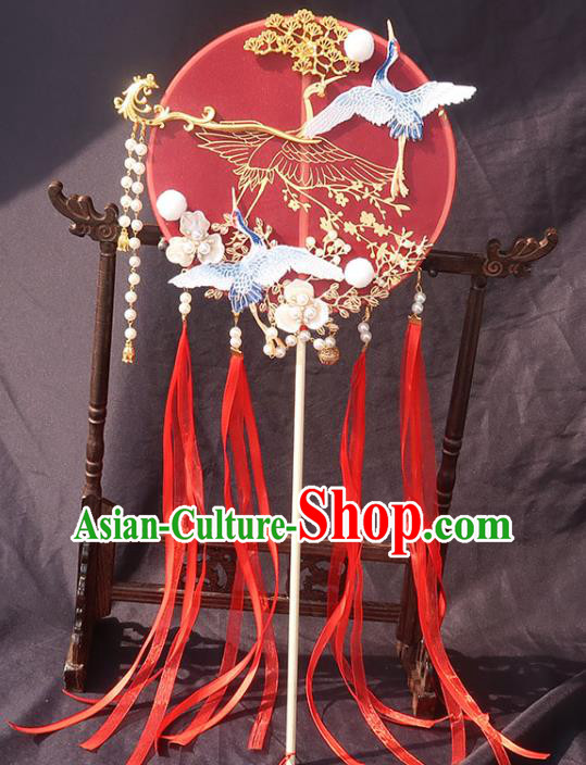 China Bride Red Ribbon Palace Fan Traditional Wedding Circular Fan Handmade Hanfu Bride Fan
