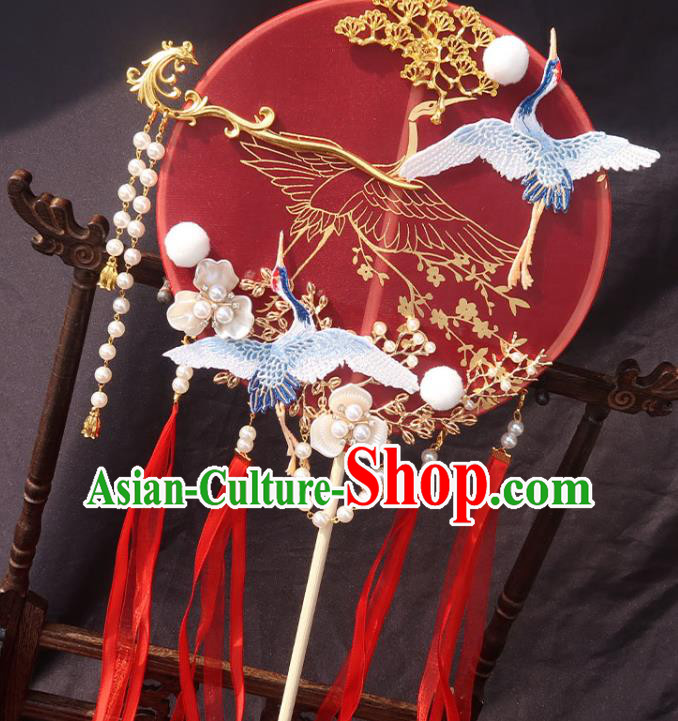 China Bride Red Ribbon Palace Fan Traditional Wedding Circular Fan Handmade Hanfu Bride Fan