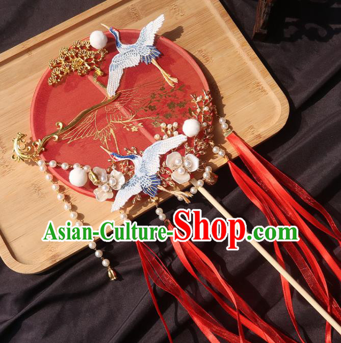 China Bride Red Ribbon Palace Fan Traditional Wedding Circular Fan Handmade Hanfu Bride Fan