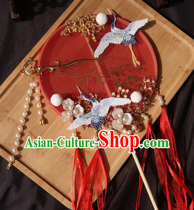 China Bride Red Ribbon Palace Fan Traditional Wedding Circular Fan Handmade Hanfu Bride Fan