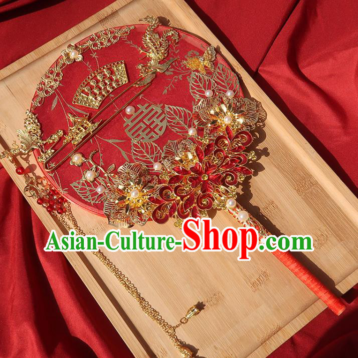 China Traditional Wedding Red Flowers Circular Fan Classical Hanfu Fan Handmade Bride Palace Fan