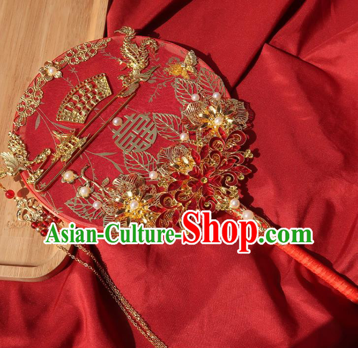 China Traditional Wedding Red Flowers Circular Fan Classical Hanfu Fan Handmade Bride Palace Fan