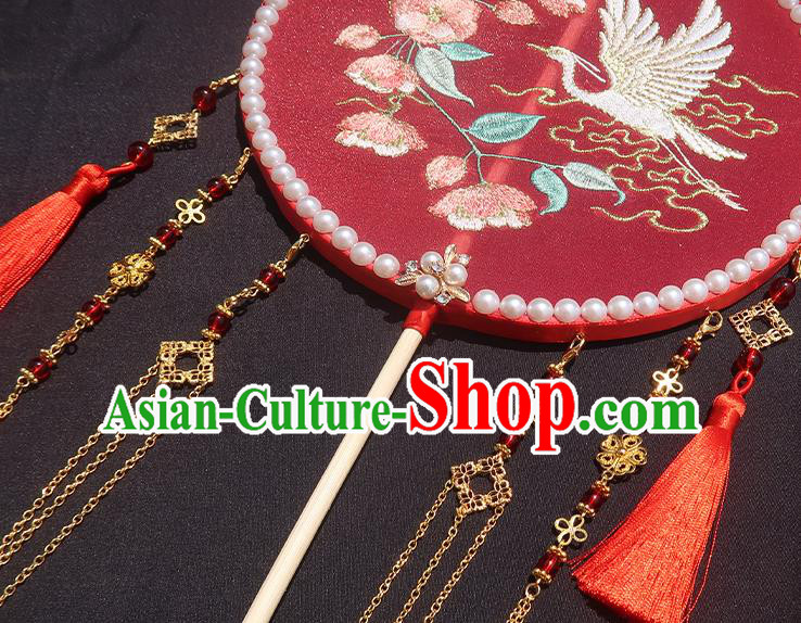 China Traditional Hanfu Embroidered Circular Fan Classical Wedding Fan Handmade Golden Tassel Palace Fan