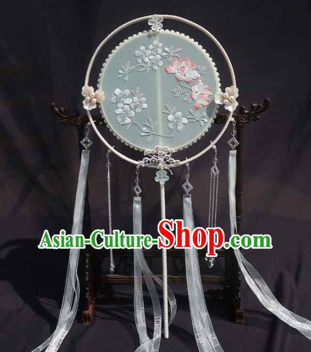 China Classical Wedding Fan Handmade Ribbon Tassel Palace Fan Traditional Hanfu Embroidered Circular Fan