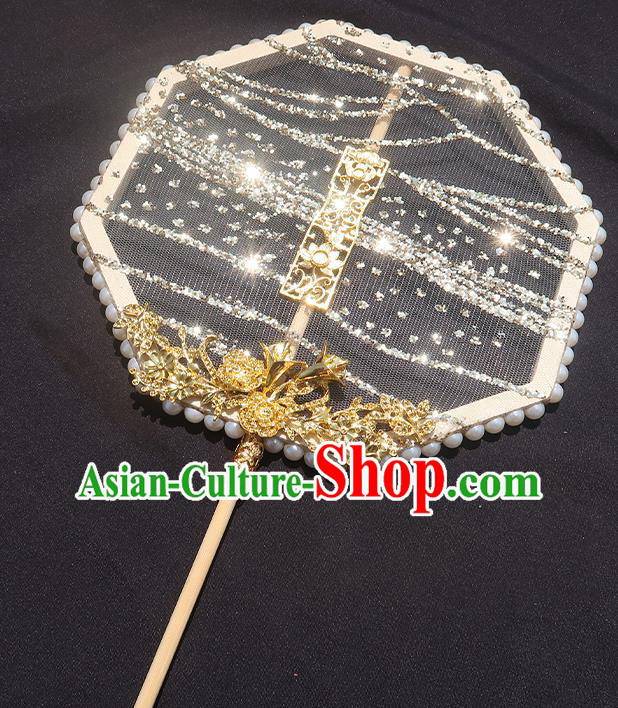 China Handmade Drilling Palace Fan Traditional Hanfu Silk Fan Classical Wedding Octagon Fan