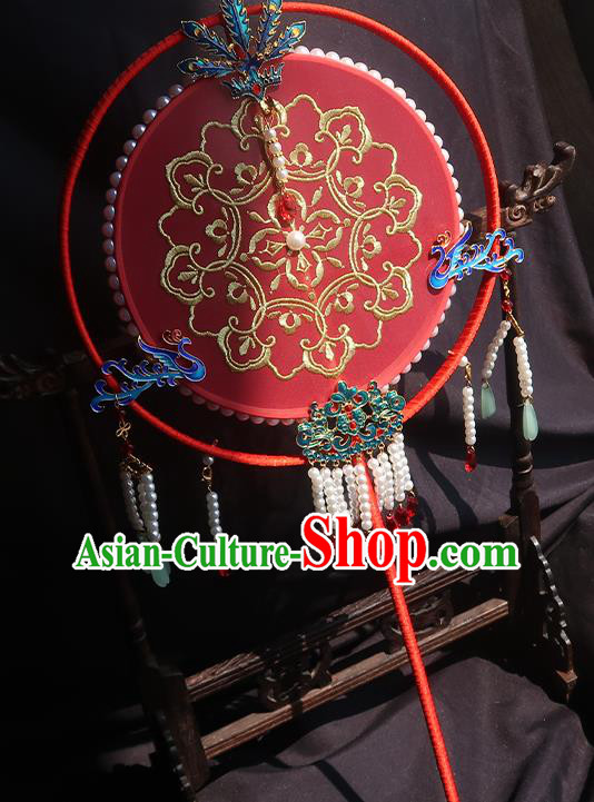 China Traditional Princess Hanfu Fan Handmade Embroidered Palace Fan Classical Wedding Red Silk Fan