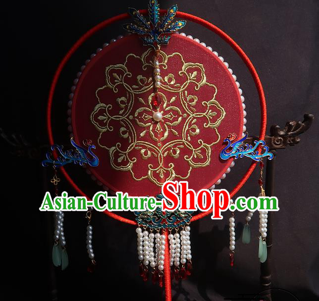 China Traditional Princess Hanfu Fan Handmade Embroidered Palace Fan Classical Wedding Red Silk Fan