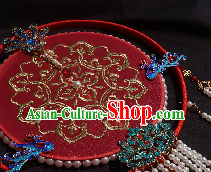 China Traditional Princess Hanfu Fan Handmade Embroidered Palace Fan Classical Wedding Red Silk Fan