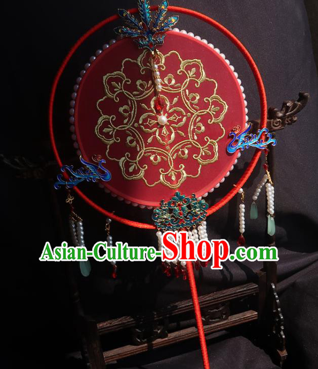 China Traditional Princess Hanfu Fan Handmade Embroidered Palace Fan Classical Wedding Red Silk Fan
