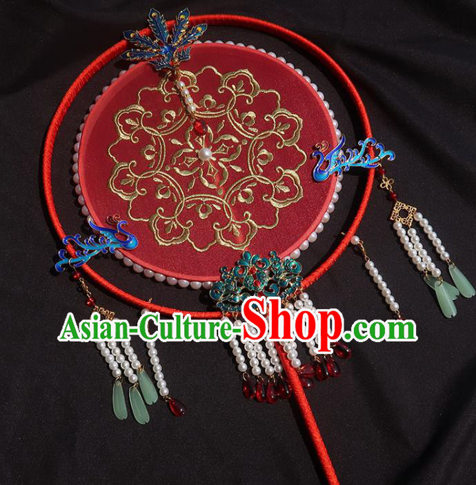 China Traditional Princess Hanfu Fan Handmade Embroidered Palace Fan Classical Wedding Red Silk Fan