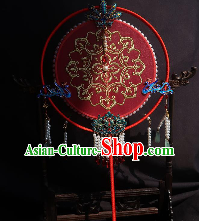 China Traditional Princess Hanfu Fan Handmade Embroidered Palace Fan Classical Wedding Red Silk Fan