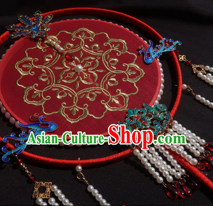 China Traditional Princess Hanfu Fan Handmade Embroidered Palace Fan Classical Wedding Red Silk Fan