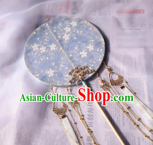 China Handmade Blue Silk Palace Fan Classical Wedding Circular Fan Traditional Ancient Princess Hanfu Fan