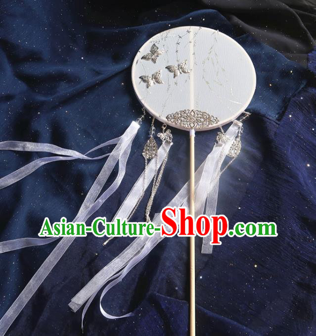 China Handmade White Ribbon Palace Fan Classical Wedding Fan Traditional Hanfu Argent Butterfly Circular Fan