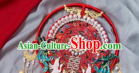 China Traditional Hanfu Pearls Circular Fan Handmade Blueing Phoenix Palace Fan Classical Red Fan