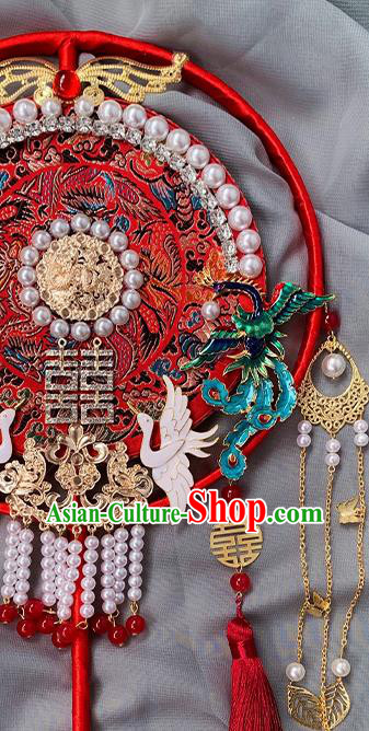 China Traditional Hanfu Pearls Circular Fan Handmade Blueing Phoenix Palace Fan Classical Red Fan