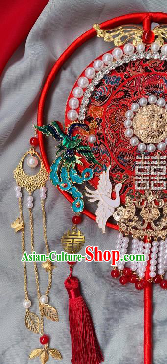 China Traditional Hanfu Pearls Circular Fan Handmade Blueing Phoenix Palace Fan Classical Red Fan