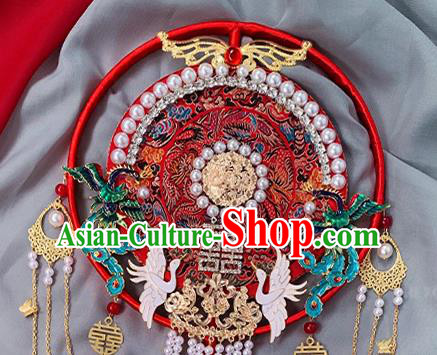 China Traditional Hanfu Pearls Circular Fan Handmade Blueing Phoenix Palace Fan Classical Red Fan