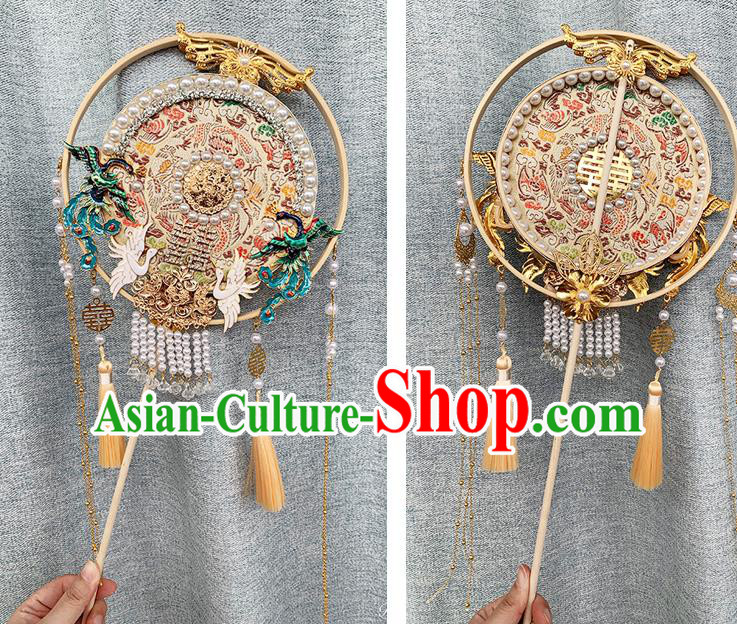 China Classical Champagne Fan Traditional Hanfu Pearls Circular Fan Handmade Blueing Phoenix Palace Fan