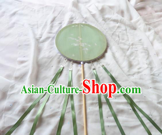 China Traditional Hanfu Light Green Circular Fan Handmade Printing Palace Fan Classical Princess Fan
