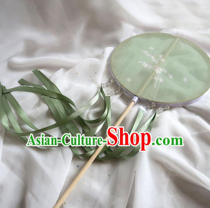 China Traditional Hanfu Light Green Circular Fan Handmade Printing Palace Fan Classical Princess Fan