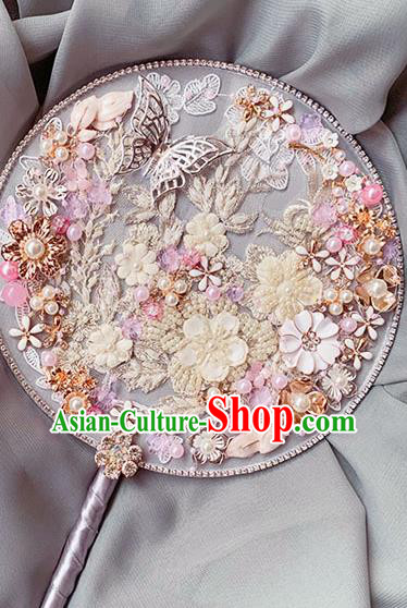 China Traditional Hanfu Argent Butterfly Fan Handmade Wedding Palace Fan Classical White Beads Flowers Circular Fan