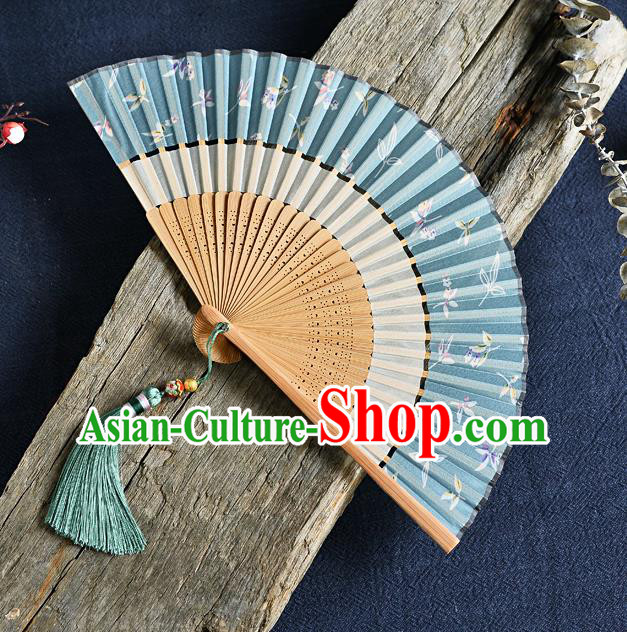 Handmade Chinese Folding Fan Accordion Fan Printing Blue Silk Fans