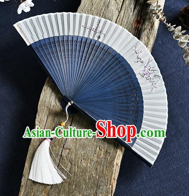 Handmade Chinese Blue Bamboo Fans Painting Plum Blossom Folding Fan Accordion Fan