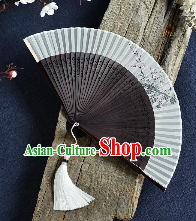 Handmade Chinese Accordion Fan Painting Plum Blossom Folding Fan Brown Bamboo Fans