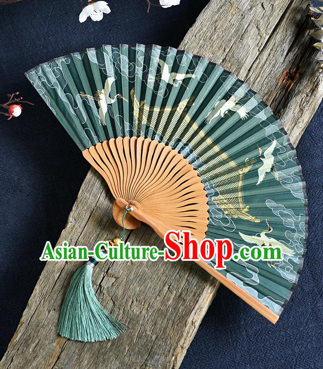Handmade Chinese Printing Cranes Folding Fan Accordion Fan Green Silk Fans