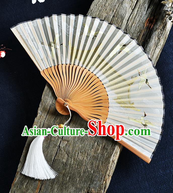 Handmade Chinese Beige Silk Fans Printing Cranes Folding Fan Accordion Fan