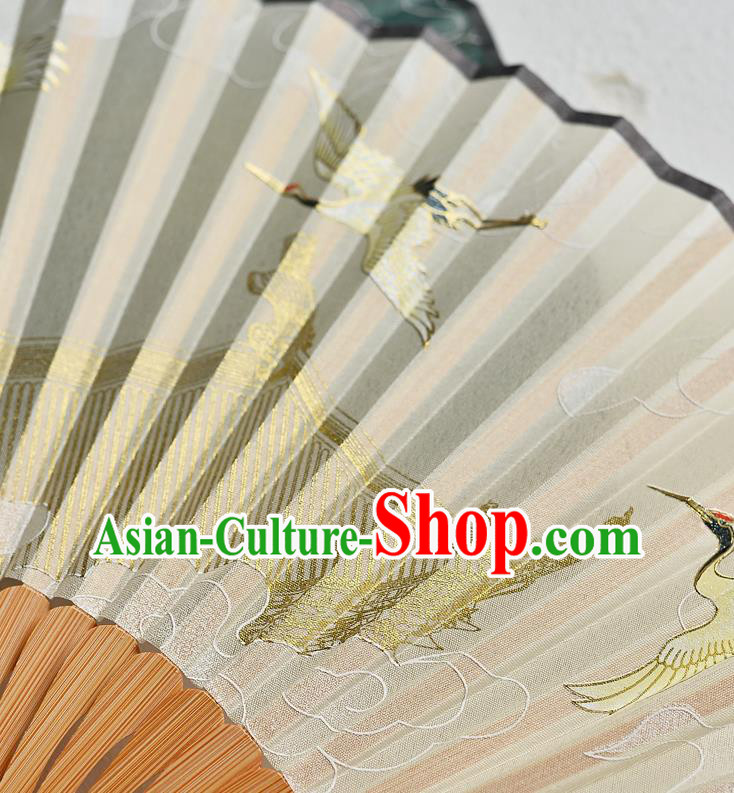 Handmade Chinese Beige Silk Fans Printing Cranes Folding Fan Accordion Fan