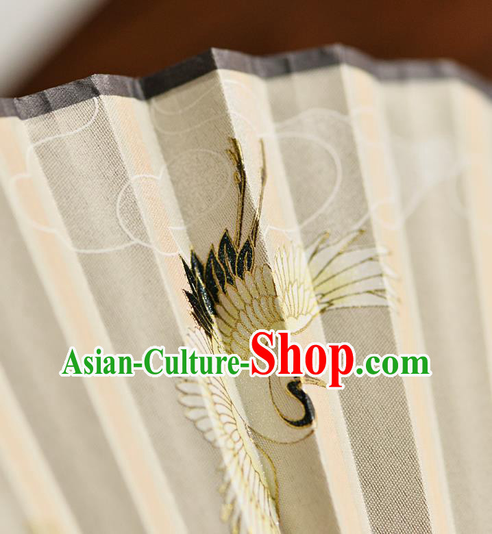 Handmade Chinese Beige Silk Fans Printing Cranes Folding Fan Accordion Fan