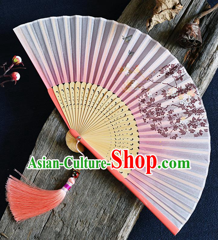 Handmade Chinese Printing Folding Fan Bamboo Accordion Fan Pink Silk Fans
