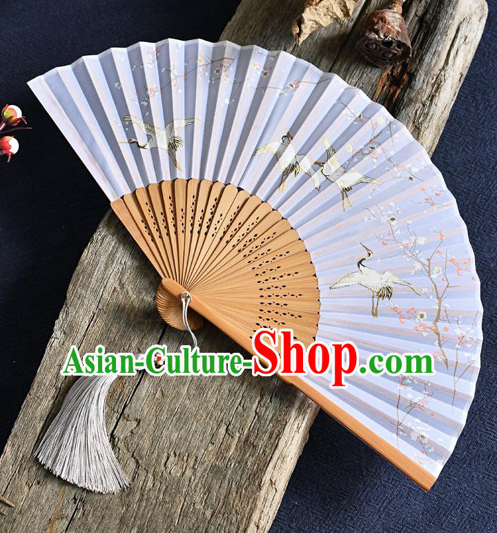 Handmade Chinese Printing Plum Cranes Folding Fan Bamboo Accordion Fan Lilac Silk Fans
