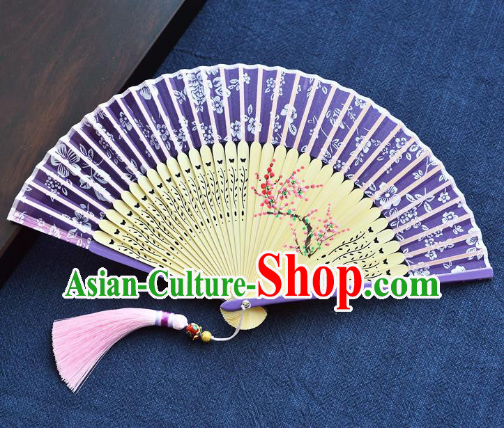 Handmade Chinese Purple Silk Fans Printing Plum Blossom Folding Fan Bamboo Accordion Fan