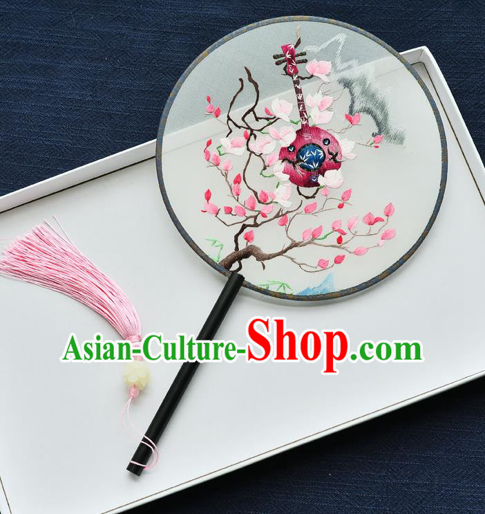 China Handmade Ebony Palace Fan Classical Dance Circular Fan Traditional Embroidered Lute Silk Fan