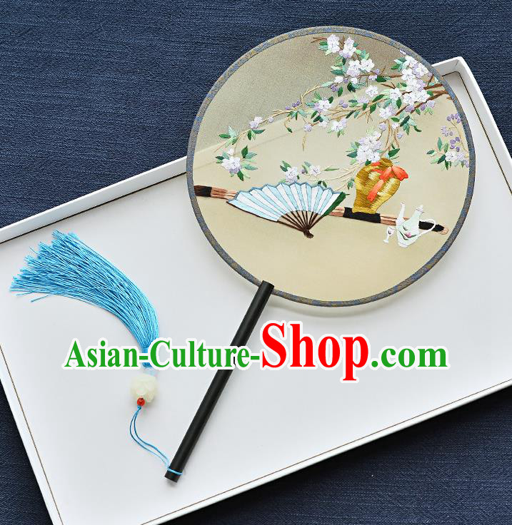 China Classical Dance Circular Fan Handmade Ebony Palace Fan Traditional Embroidered Pear Blossom Yellow Silk Fan