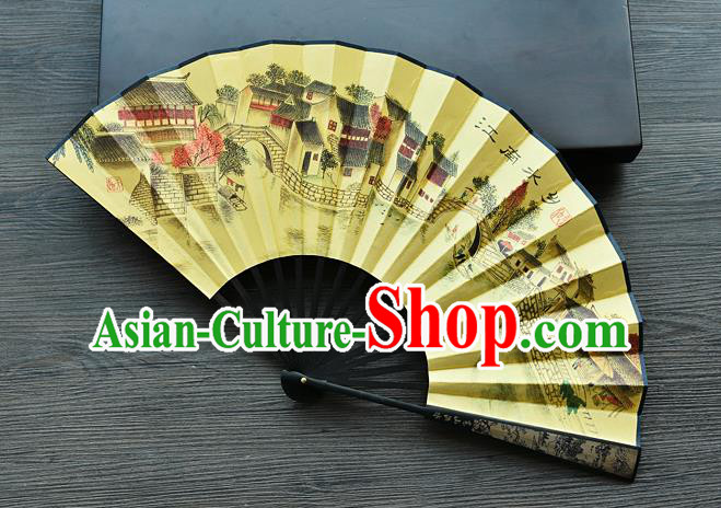 Handmade Chinese Ink Painting Jiangnan Watertown Folding Fan Carving Accordion Fan Ancient Swordsman Fan