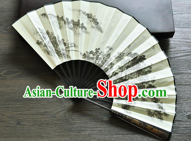 Handmade Chinese Silk Fan Painting Pinewood Folding Fan Carving Bamboo Accordion Fan