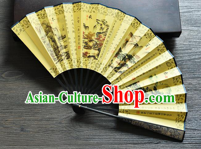 Handmade Chinese Carving Bamboo Fan Accordion Ink Painting Four Seasons Scenery Folding Fan Yellow Silk Fan