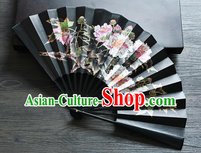 Handmade Chinese Printing Peony Folding Fan Accordion Fans Black Silk Fan